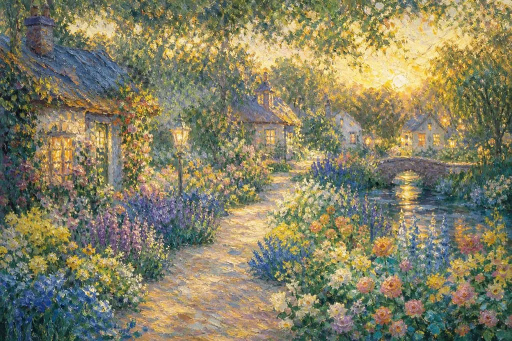 A sunlit Impressionist garden village with glowing cottage windows and a winding path