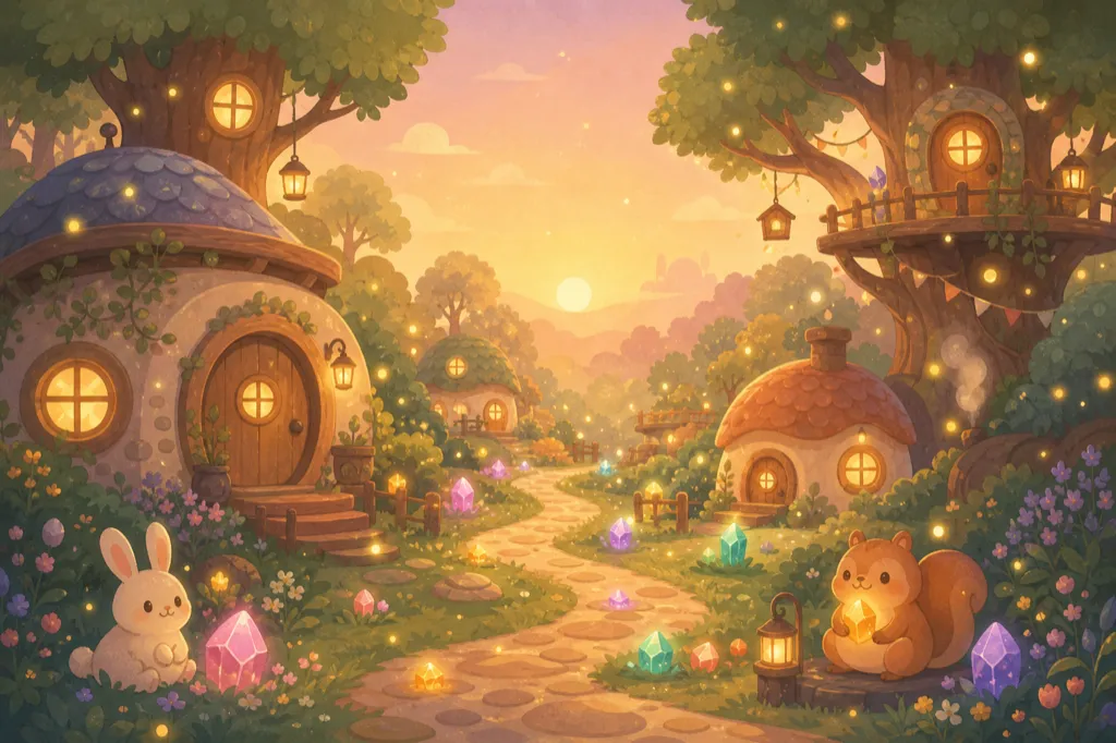 A glowing forest village at dusk, painted in soft pastel storybook style